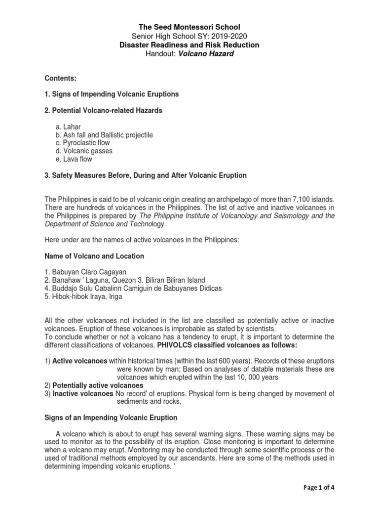 Drrr Handout Volcanic Hazard Pdf Volcano Volcanology