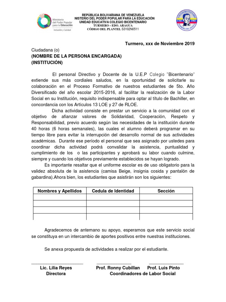 Carta Solicitud Labor Social Pdf Escuelas Estudiantes