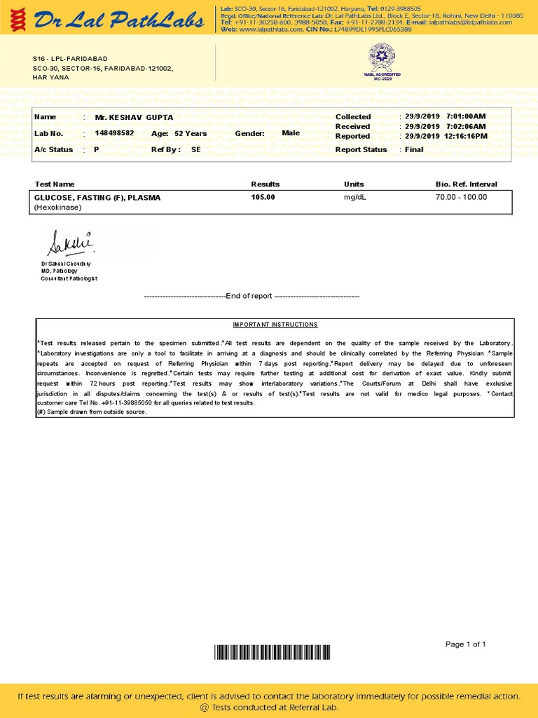 Lal Path Lab Report - Faridabad | PDF | Pathology | Health Sciences