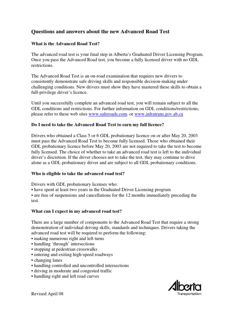 Alberta Advanced Road Test Overview | PDF | Driver's License | Driving