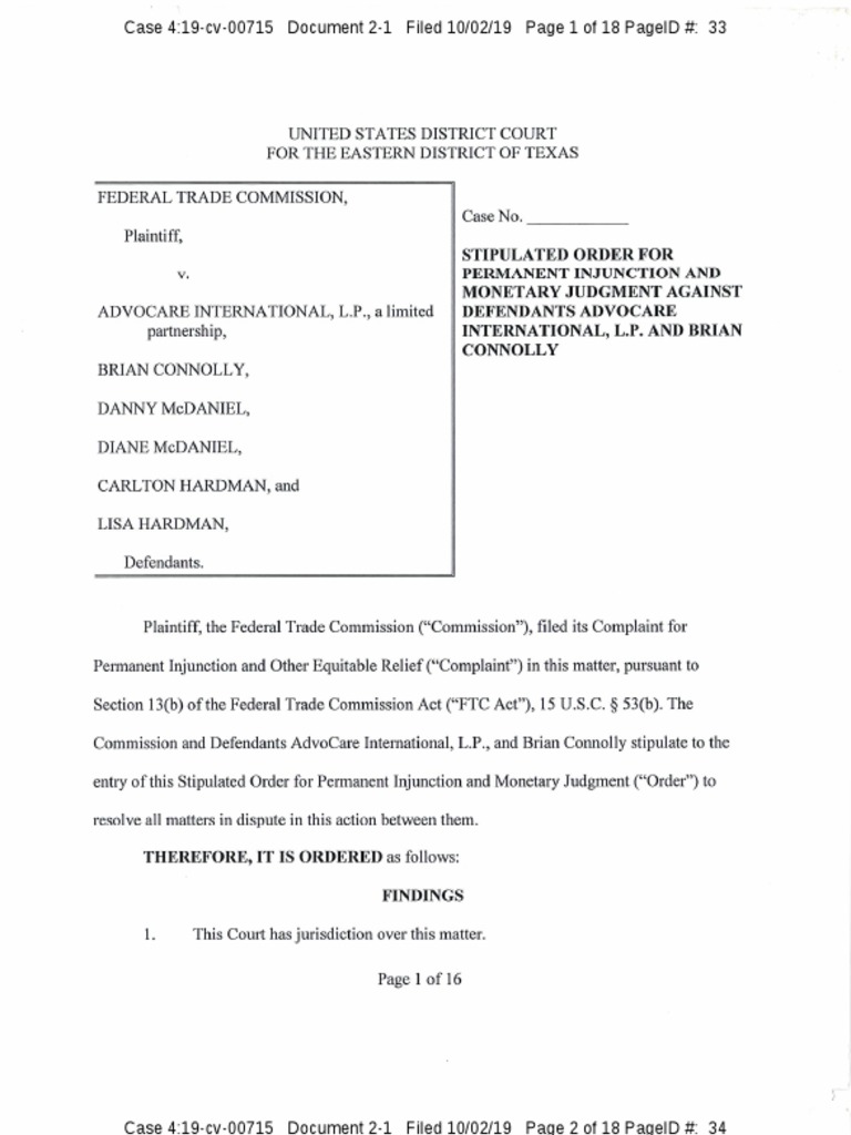 Stipulated Order Advocare Multi Level Marketing Business