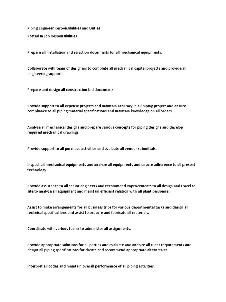 Piping Engineer Responsibilities and Duties PDF Engineering