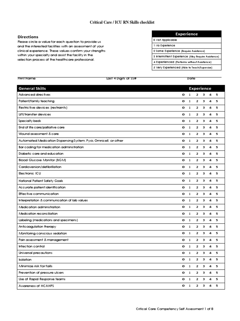ICU RN Skills Competency Checklist | PDF | Medical Specialties ...