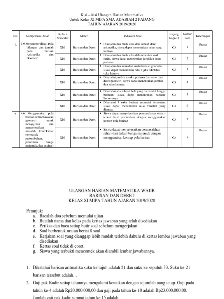 Kisi Kisi Dan Soal Ulangan Barisan Dan Deret Docx
