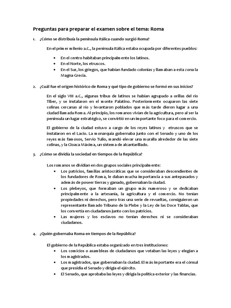 Examen Roma 1 ESO Republica Romana imperio Romano