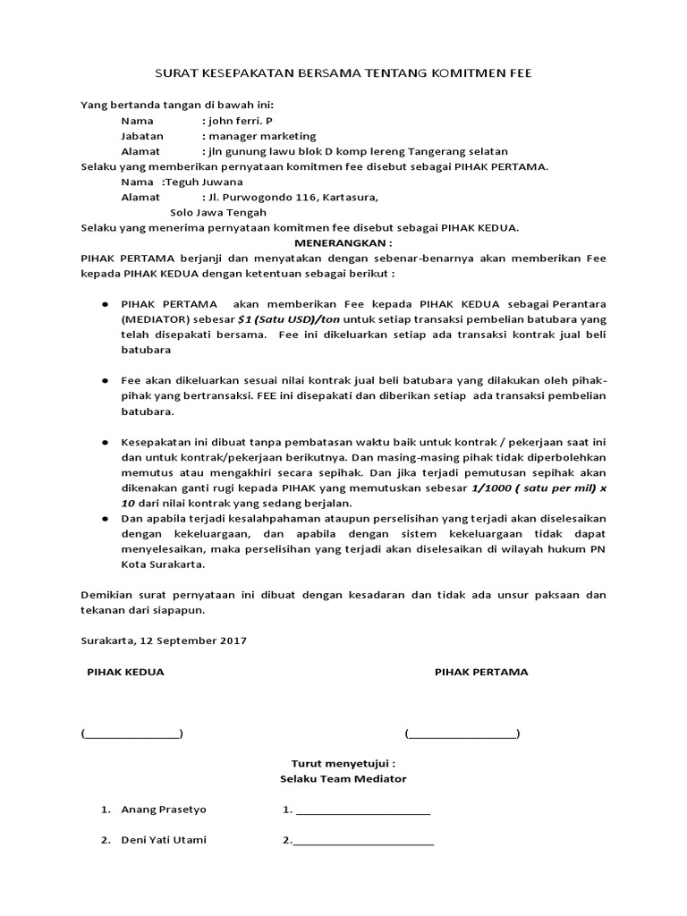 Surat Kesepakatan Komitmen Fee Mediator | PDF