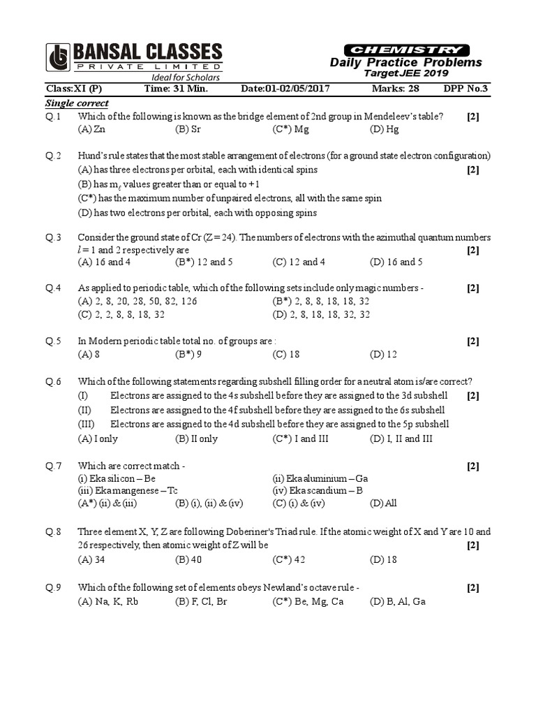 Dpp 3 11th P Ioc E Ans Periodic Table Modern Physics