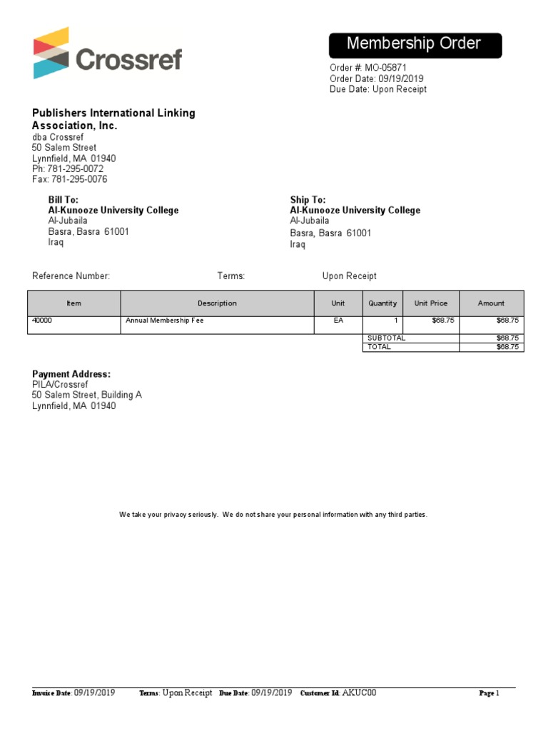Invoice for Al-Kunooze University Membership | PDF