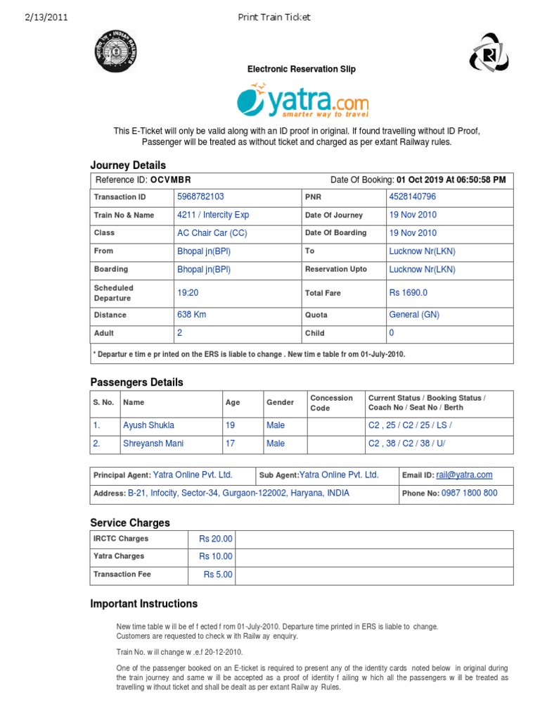 Bhopal to Lucknow Train Ticket Details | PDF | Identity Document ...