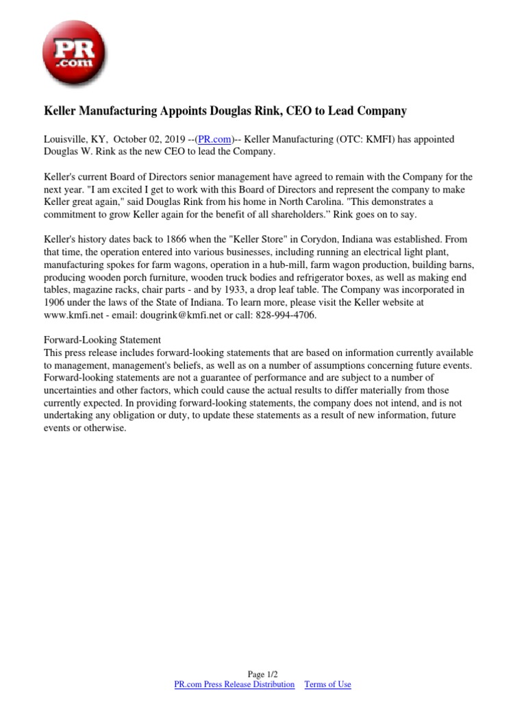 Keller Manufacturing Appoints Douglas Rink, CEO To Lead Company PDF