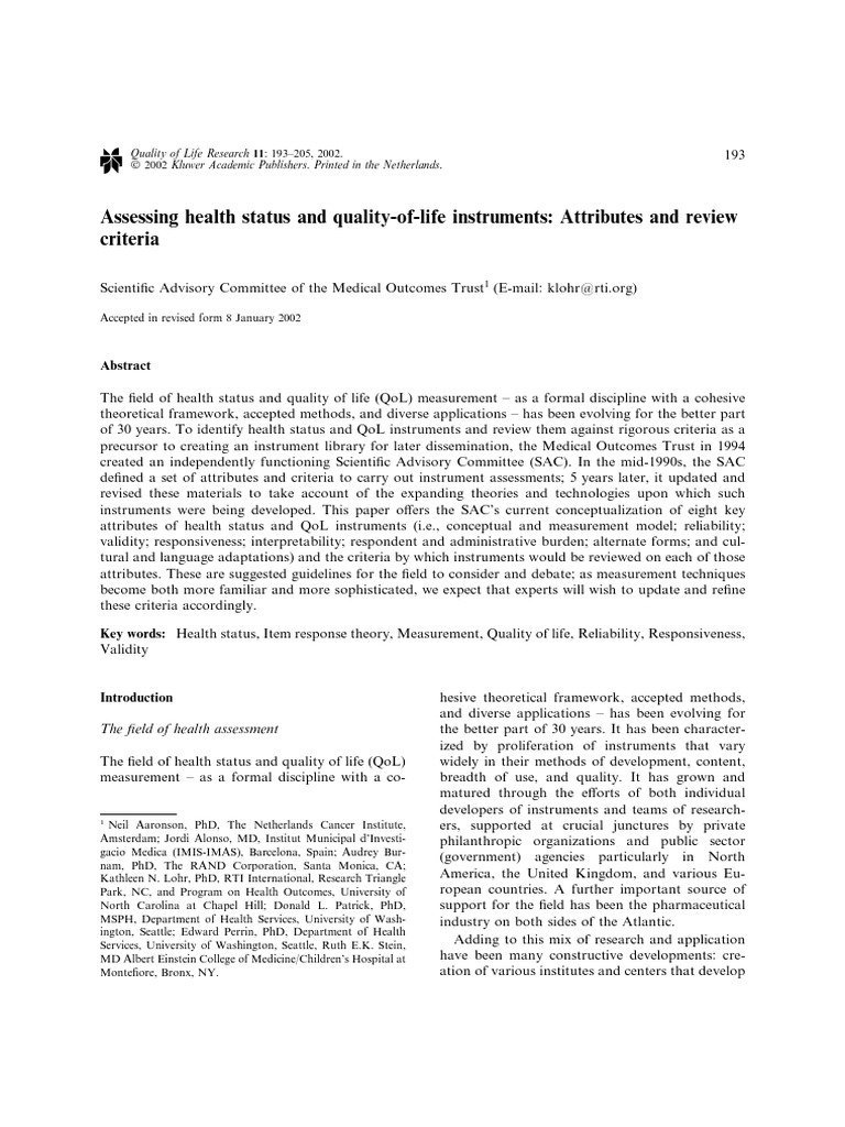 Health Status and QoL Instrument Review Criteria | PDF | Validity ...