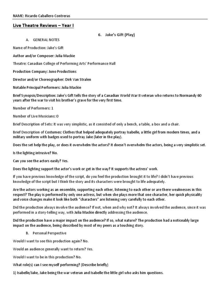 Live Theatre Review 6 - Jake's Gift | PDF | Actor | Entertainment