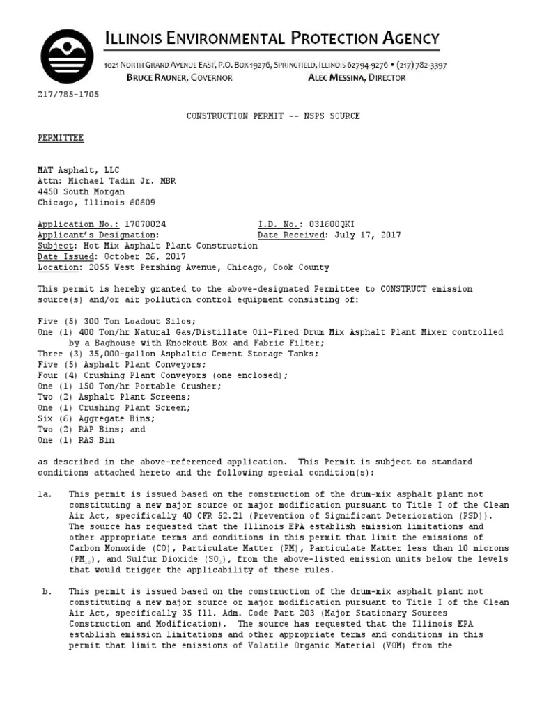 Illinois EPA Construction Permit MAT Asphalt 20171026 PDF United
