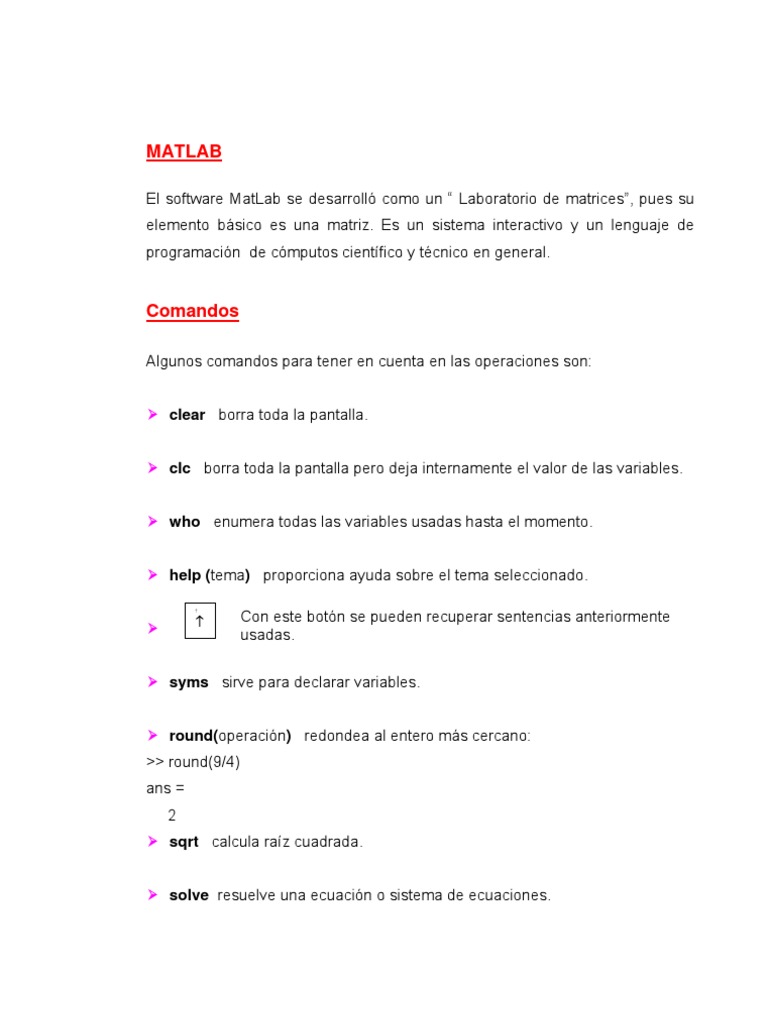 MatLab. Comandos | PDF | Valores propios y vectores propios | Matriz ...