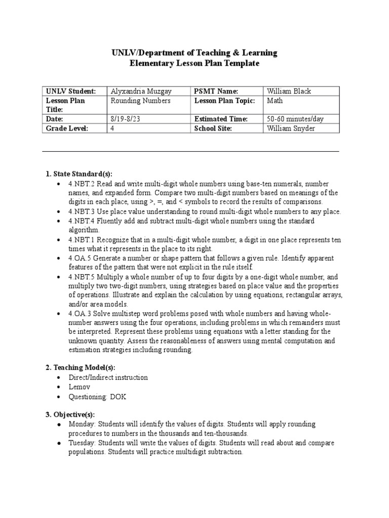 UNLV/Department of Teaching & Learning Elementary Lesson Plan Template
