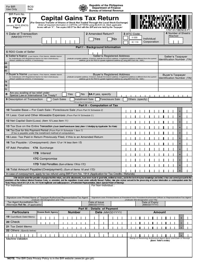 BIR Form 1707: Capital Gains Tax Return | PDF | Taxpayer | Taxes