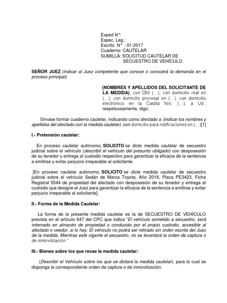 MEDIDA CAUTELAR DE SECUESTRO VEHICULAR.docx | Mandato | Demanda judicial