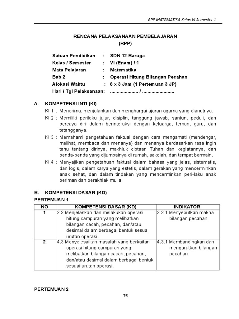 Rpp Mtk Kelas 6 Oke Pdf