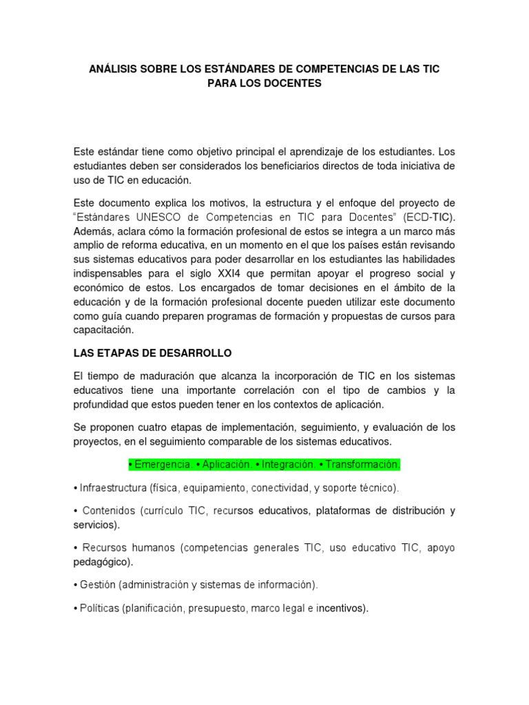 Análisis Sobre Los Estándares de Competencias de Las Tic para Los ...