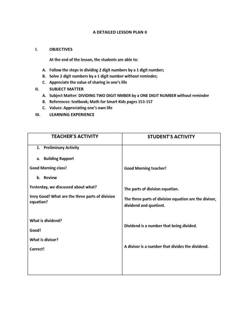 A Detailed Lesson Plan Division Mathematics Arithmetic