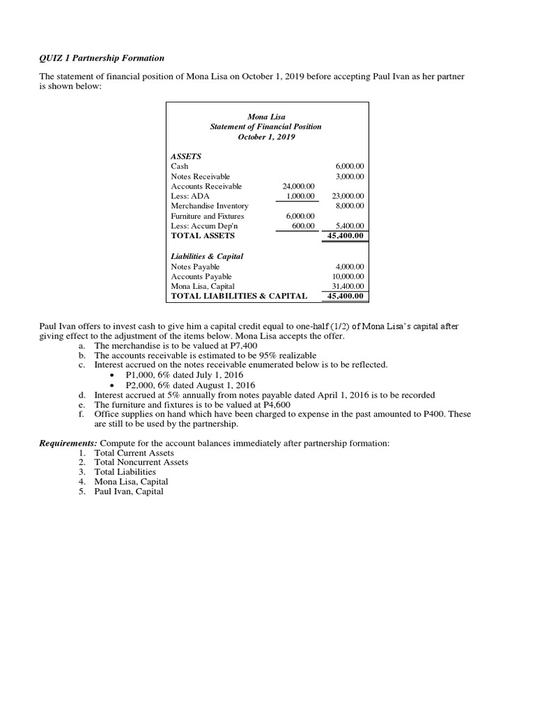quiz-1-partnership-formation-mona-lisa-statement-of-financial-position
