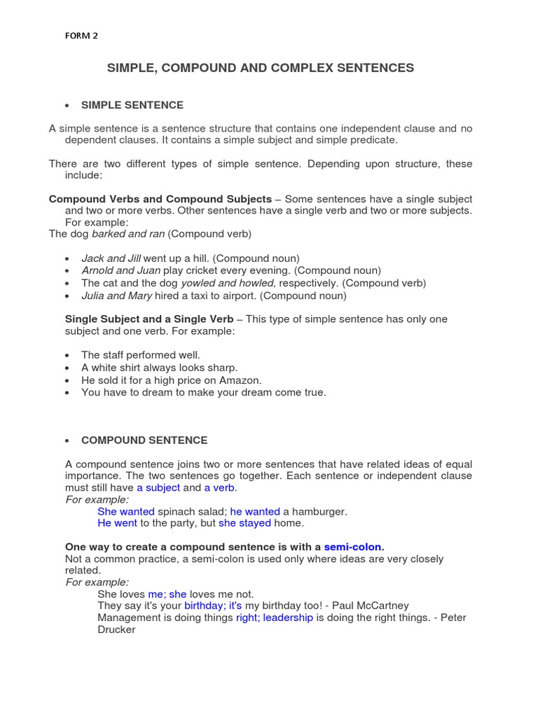 Simple, Compound and Complex Sentences | PDF | Sentence (Linguistics ...