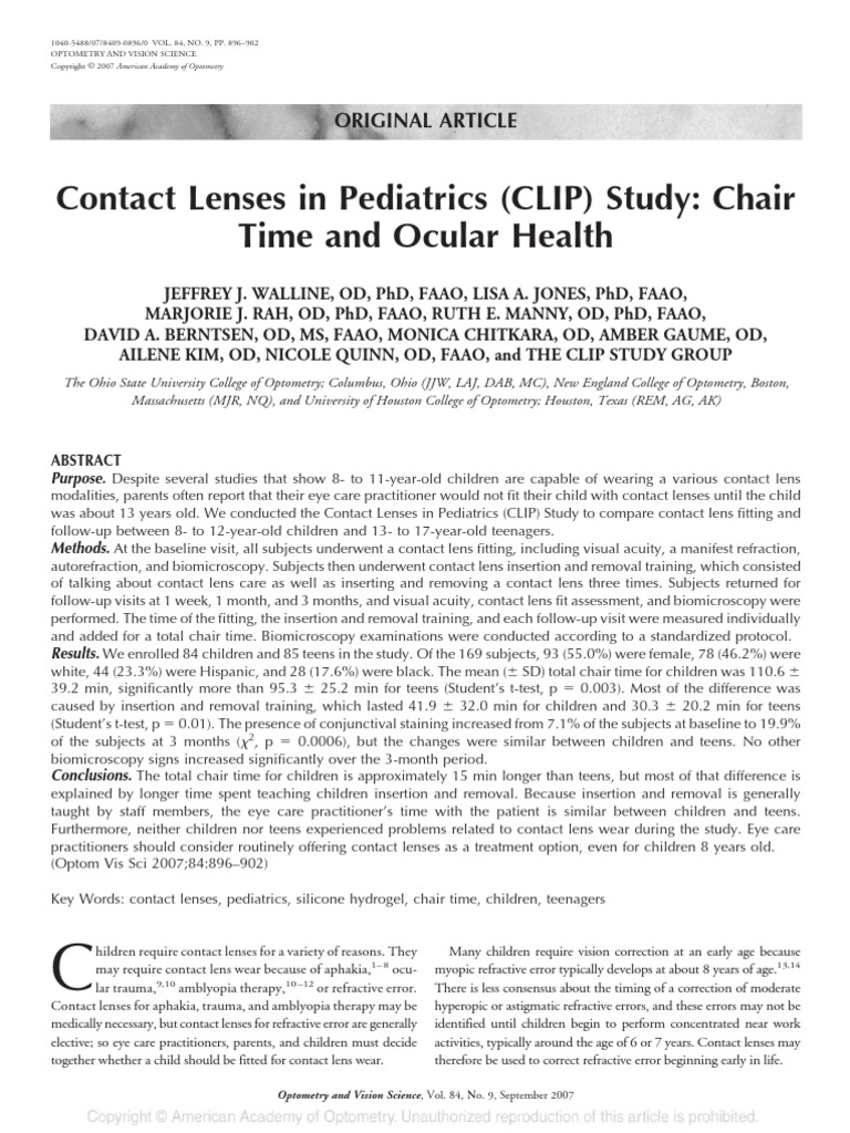 Contact Lenses in Pediatrics CLIPStudy PDF Contact Lens Optometry