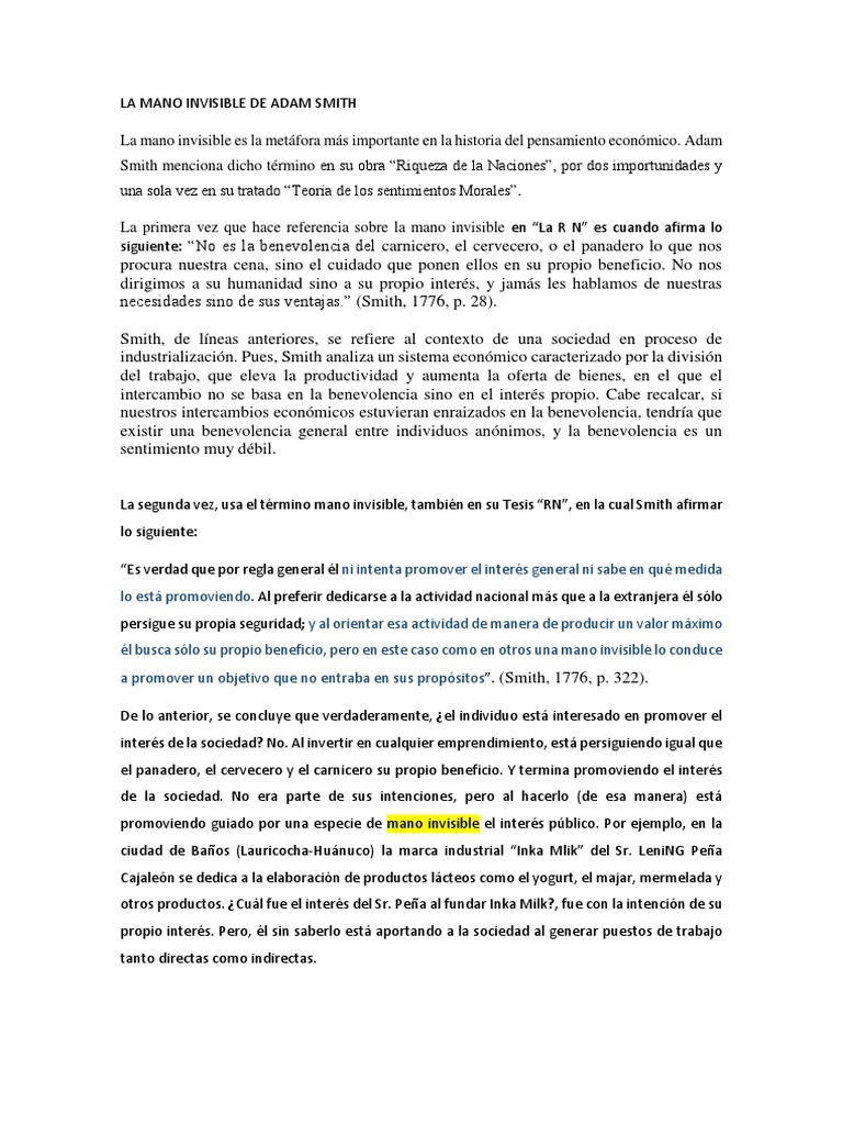 La Mano Invisible de Adam Smith | PDF | Adam Smith | Economias