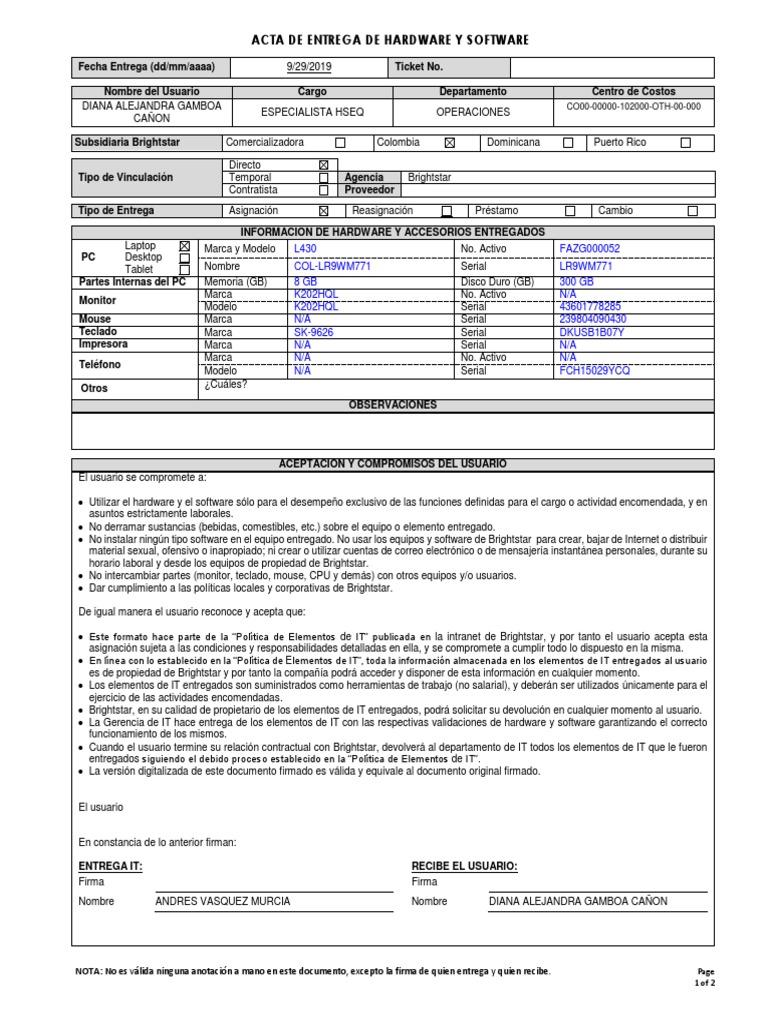 Acta de Entrega de Hardware y Software | PDF | Hardware de la ...