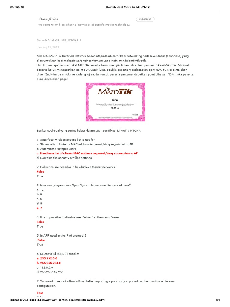 Contoh Soal Mikrotik Mtcna 2 Transmission Control Protocol Ip Address