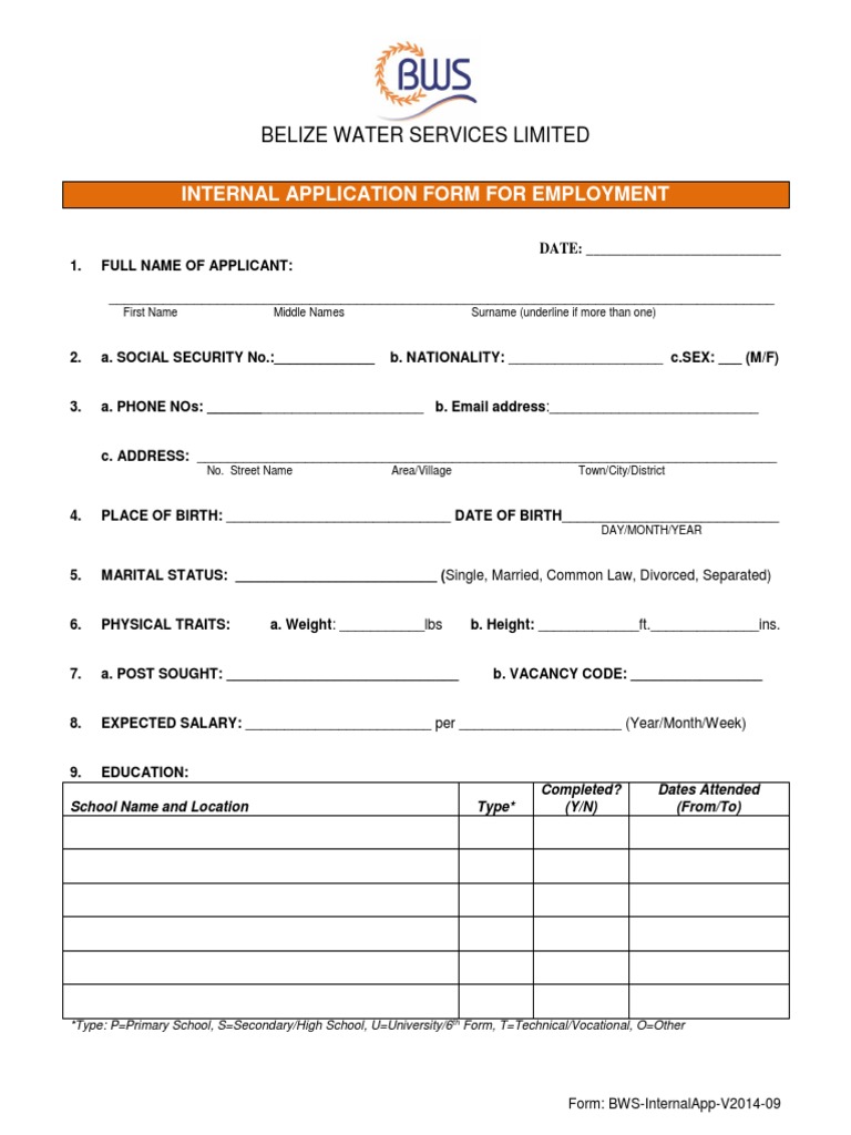Belize Water Services Limited Application Form PDF Employment