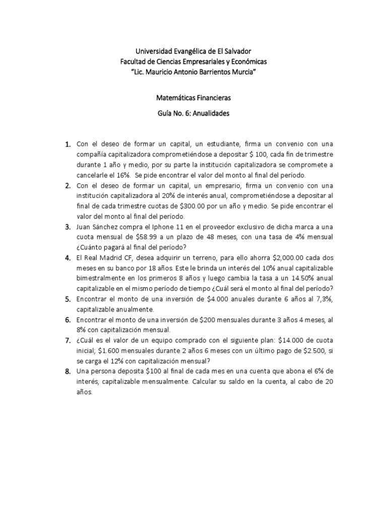Guía de Anualidades en Matemáticas Financieras | PDF