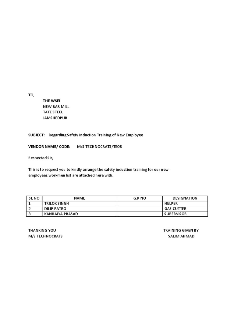 Safety Induction Training Request | PDF