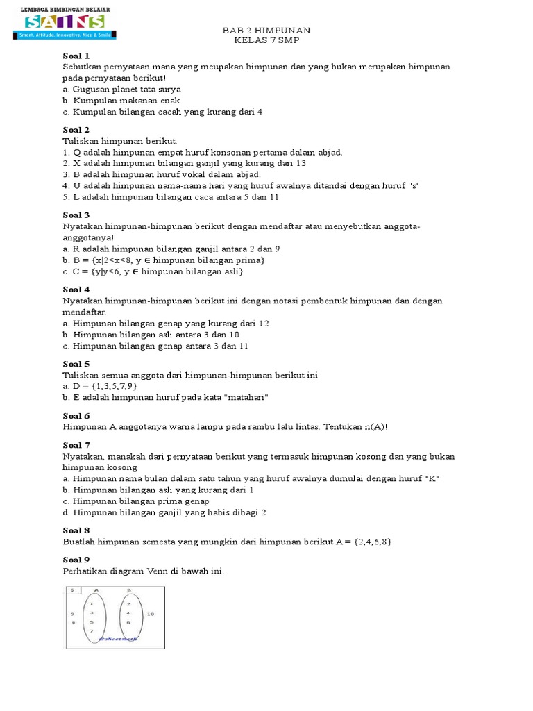 Soal Bab 2 Himpunan Kelas 7 Smp Pdf