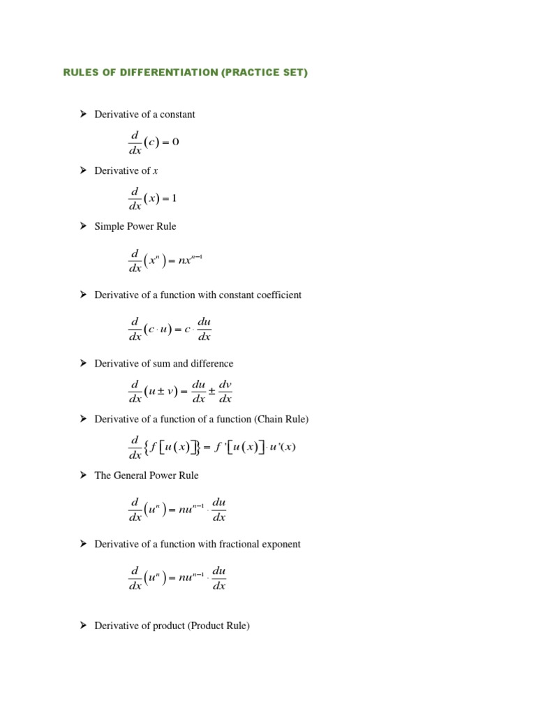 Differentiation Rules Practice Set | PDF | Derivative | Functions And ...