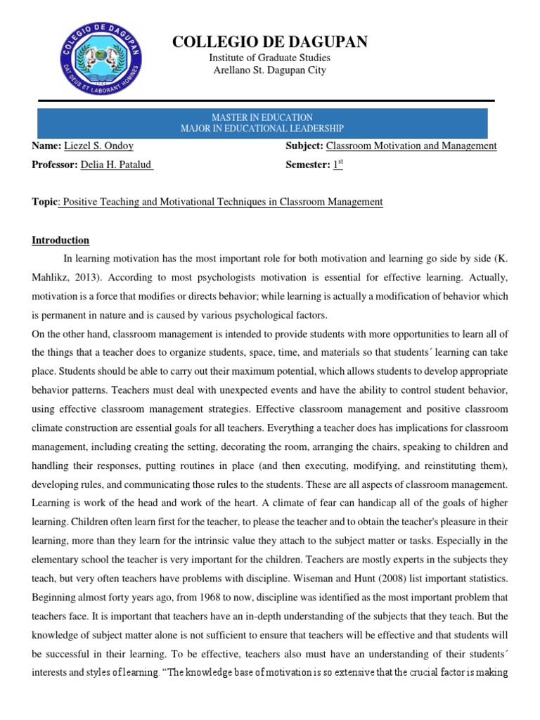 Classroom Motivation and Management | PDF | Motivation | Motivational