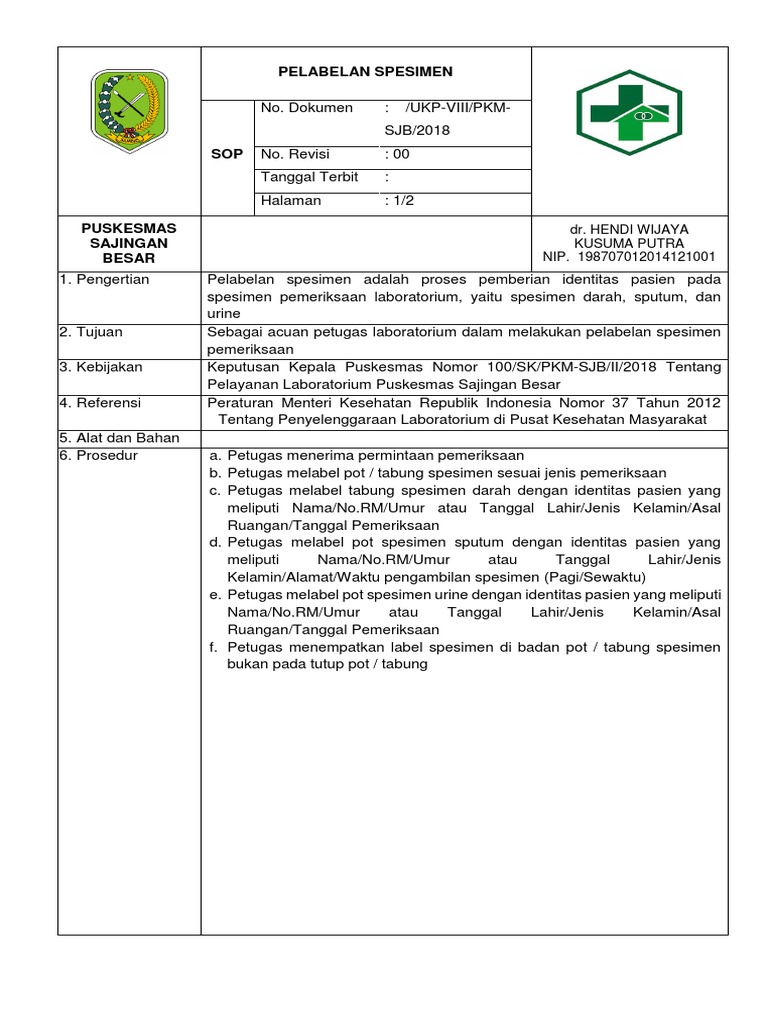 Pedoman Pelabelan Spesimen Laboratorium | PDF
