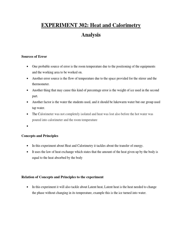 EXPERIMENT 302 Heat and Calorimetry Analysis Sources of Error PDF