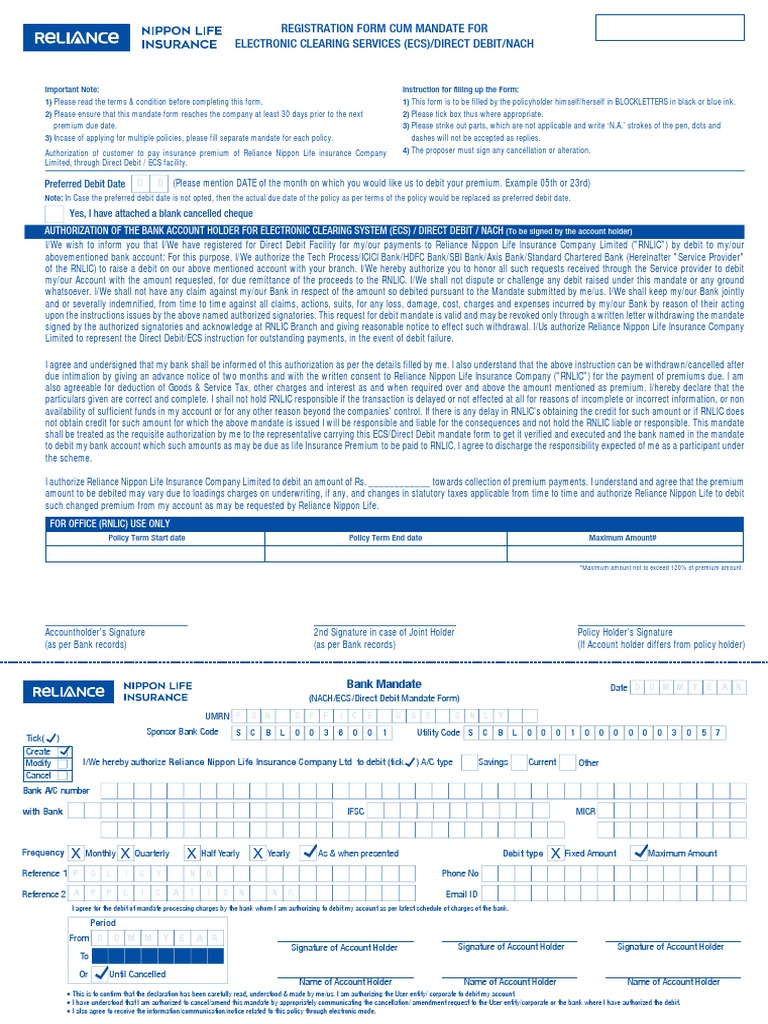 Registration Form Cum Mandate For Electronic Clearing Services (Ecs ...