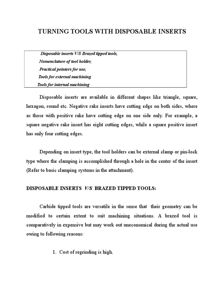 Turning Tools With Disposable Inserts PDF Machining Metals