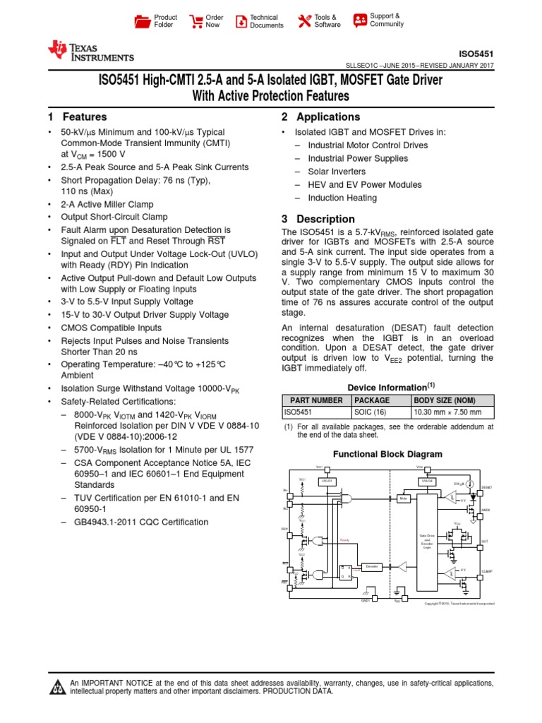 ISO5451 HighCMTI 2.5A and 5A Isolated IGBT, MOSFET Gate Driver With