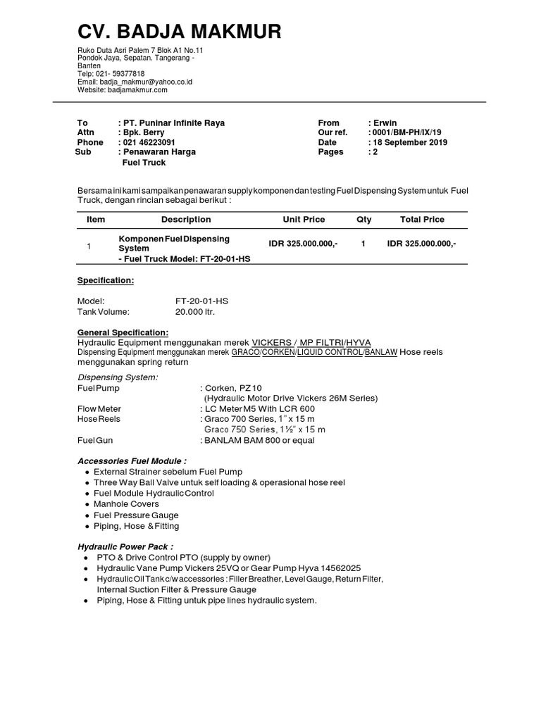 Penawaran Fuel Truck 2 Pt Asb Pdf Gas Technologies Pump