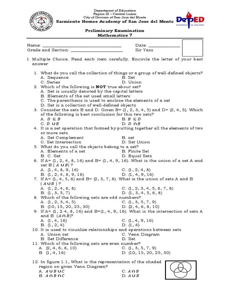 Grade 7 Math Preliminary Exam | PDF | Set (Mathematics) | Rational Number