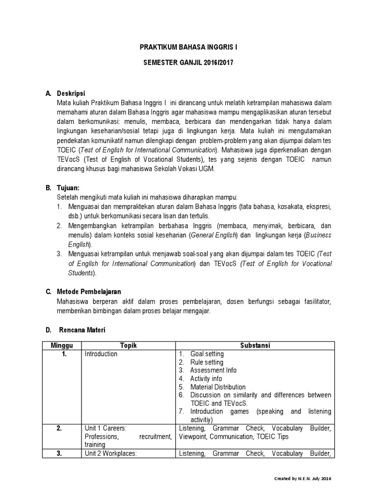 3 Silabus Praktikum Bahasa Inggris I July 2016