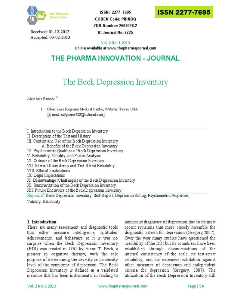 The Beck Depression Inventory: The Pharma Innovation - Journal | PDF ...