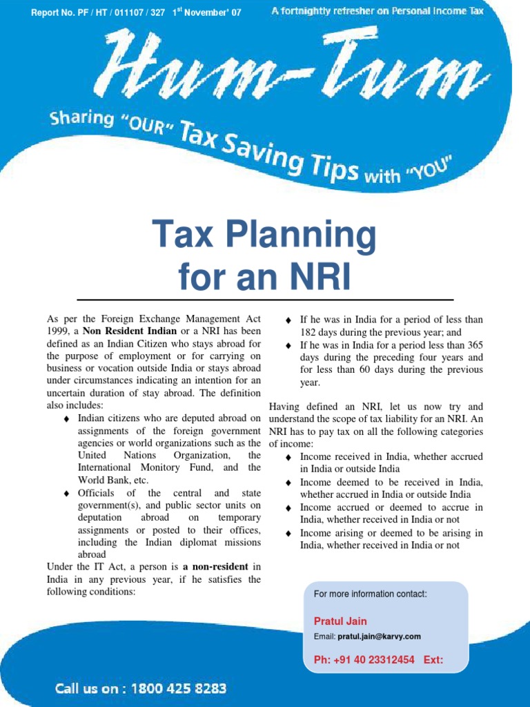 Tax Planning For An NRI Pratul Jain PDF Capital Gains Tax Taxes