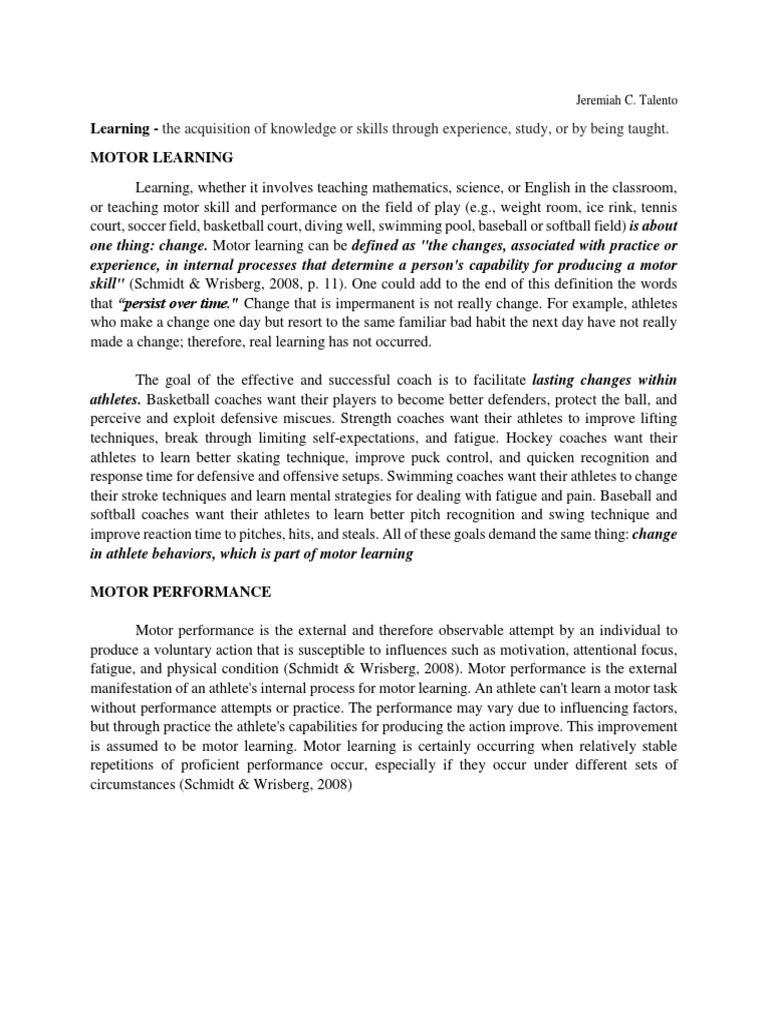 Motor Learning and Motor Performance PDF Learning Teaching