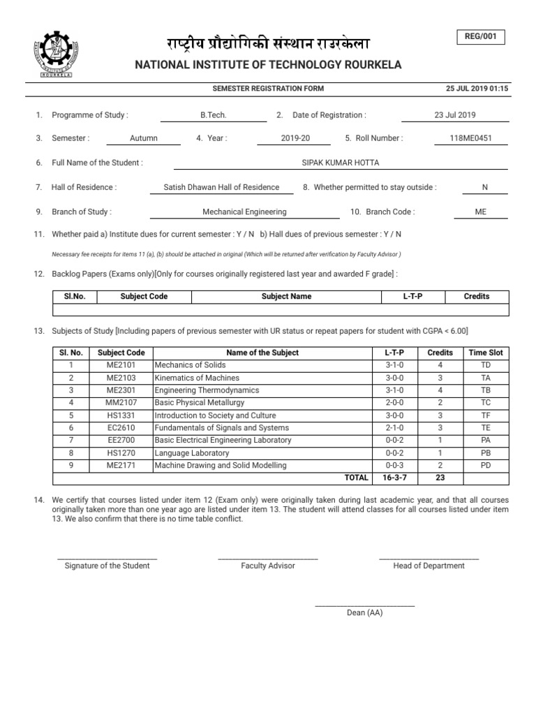 B.Tech Semester Registration Form | PDF | Engineering | Academia