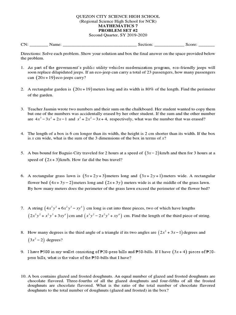 Math 7 Problem Set #2 Solutions | PDF | Geometry | Teaching Mathematics