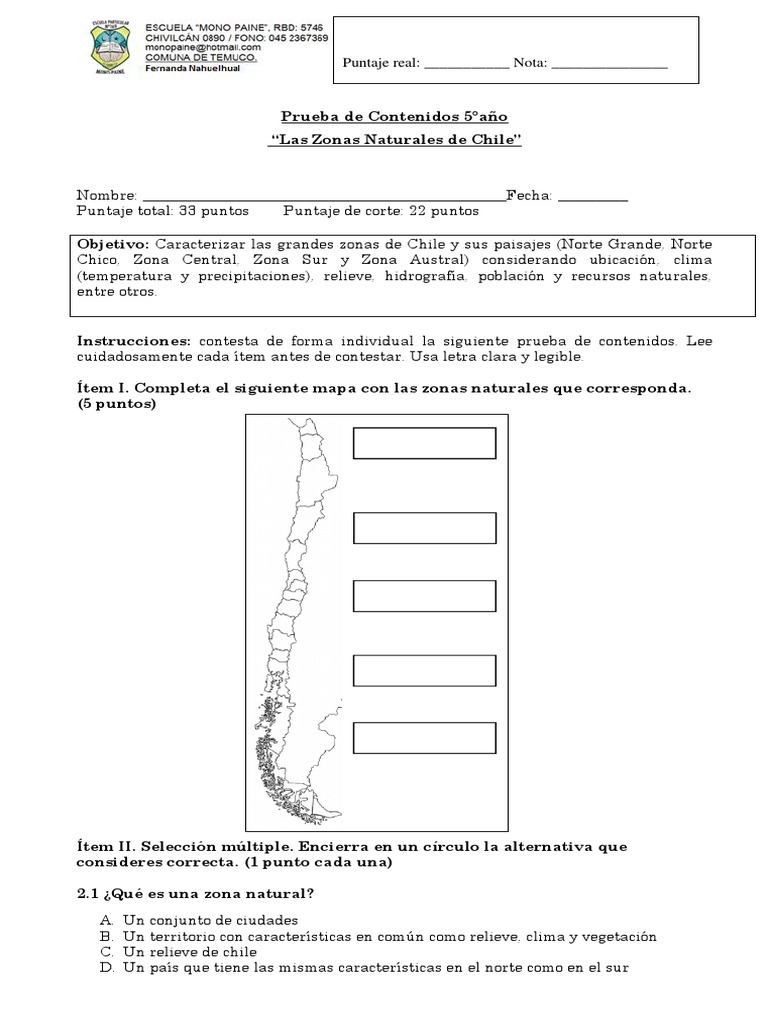 Prueba Zonas Naturales de Chile 5° Básico | PDF | Chile | Ciencias de ...